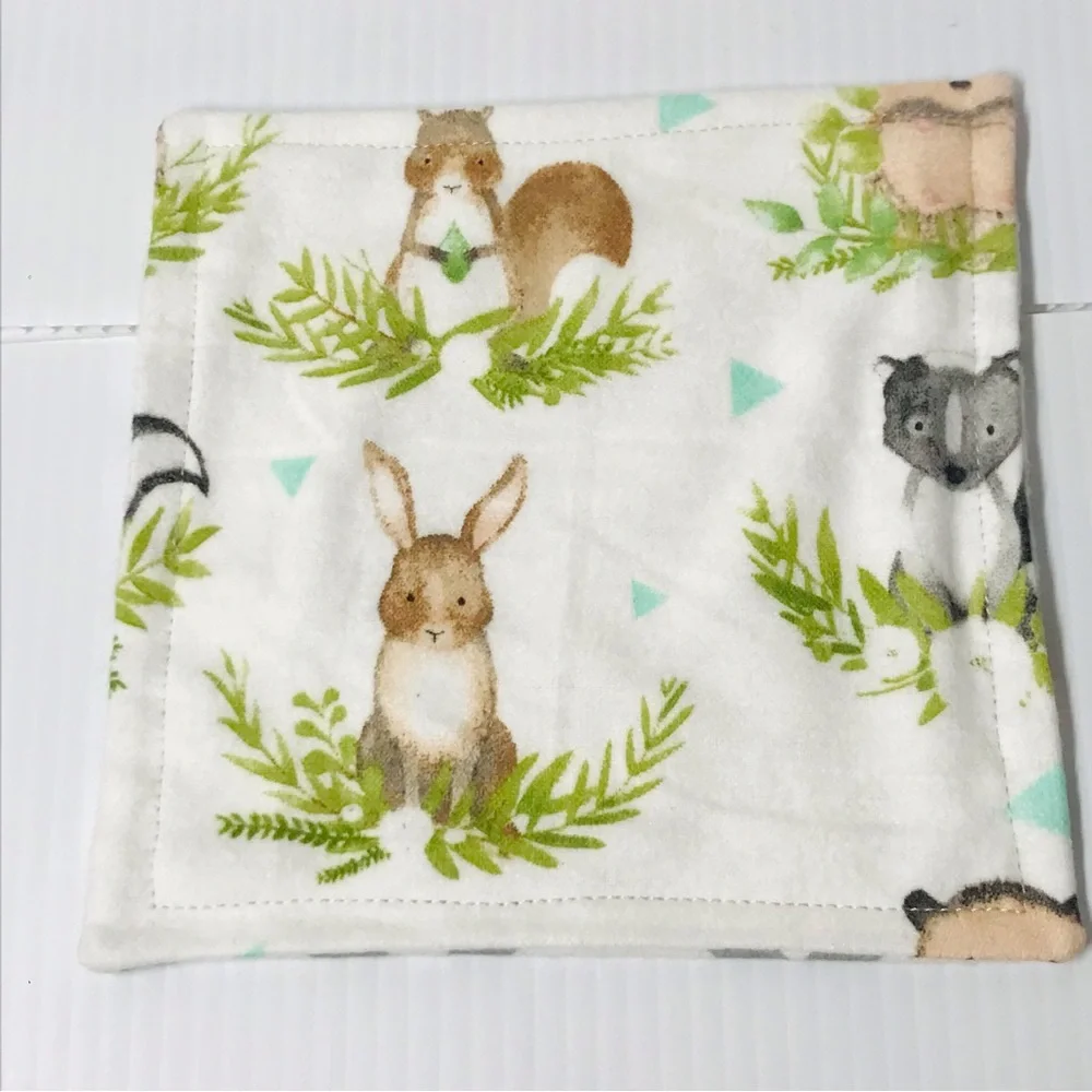 Reusable Set of Four 6” Woodland Animals Flannel Wash Cloths / Wipes / Nursery